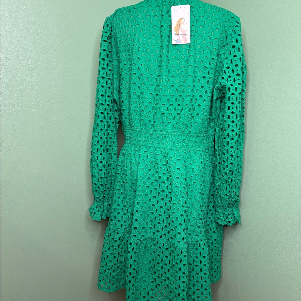 Green Long Sleeve Eyelet Dress - Women's Casual Tiered Dress - Picture 3 of 8
